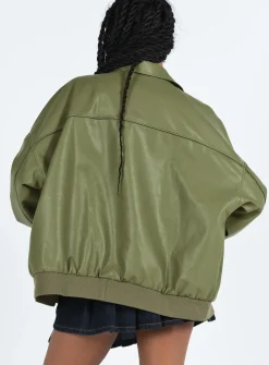 Princess Polly Goldsmith Faux Leather Bomber Jacket Green Cheap