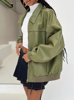 Princess Polly Goldsmith Faux Leather Bomber Jacket Green Cheap
