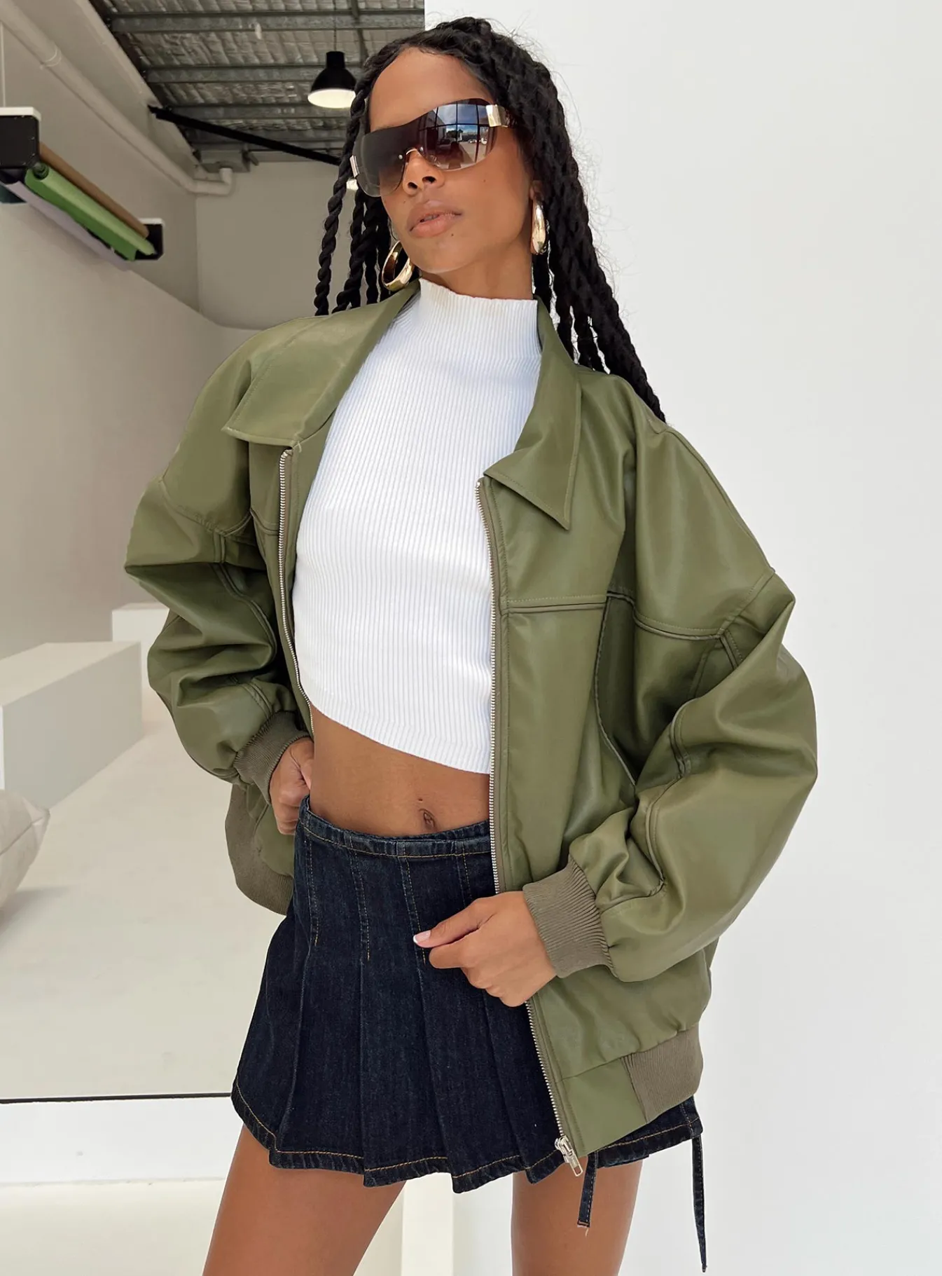 Princess Polly Goldsmith Faux Leather Bomber Jacket Green Cheap