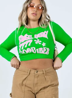 Princess Polly Good Vibes Long Sleeve Top Green Hot