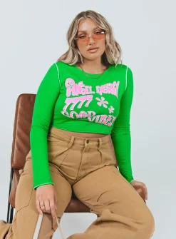 Princess Polly Good Vibes Long Sleeve Top Green Hot