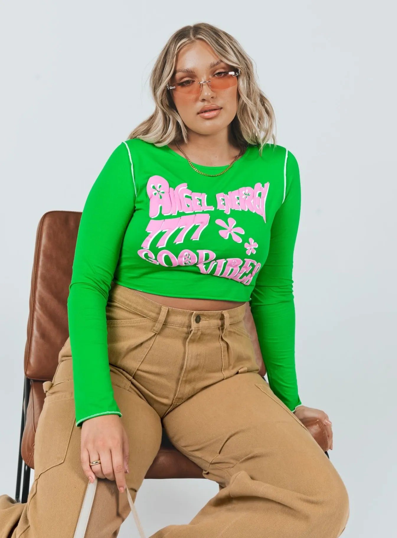 Princess Polly Good Vibes Long Sleeve Top Green Hot