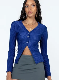 Princess Polly Gowan Long Sleeve Plisse Top  Blue Clearance