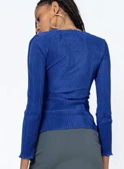 Princess Polly Gowan Long Sleeve Plisse Top Blue Clearance