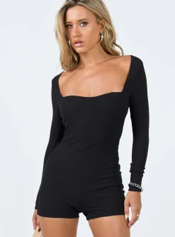 Princess Polly Grantham Long Sleeve Romper  Black Hot