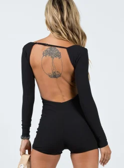 Princess Polly Grantham Long Sleeve Romper  Black Hot