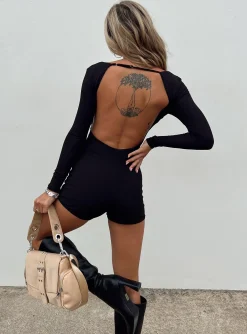 Princess Polly Grantham Long Sleeve Romper  Black Hot