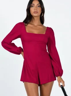 Princess Polly Hastings Long Sleeve Romper  Burgundy Flash Sale