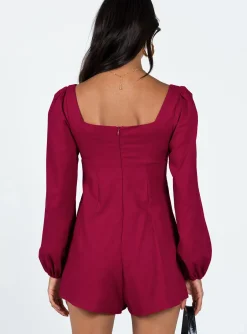 Princess Polly Hastings Long Sleeve Romper  Burgundy Flash Sale