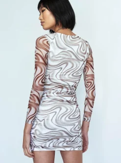 Princess Polly Hazel Long Sleeve Mini Dress/ Brown   White Sale