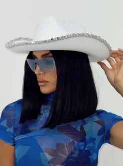 Princess Polly Hey Ya Sequin Cowboy Hat  White Cheap