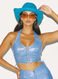 Princess Polly High Vibrations Pu Top  Blue Cheap