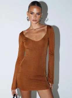 Princess Polly Hilldale Long Sleeve Mini Dress Rust Discount