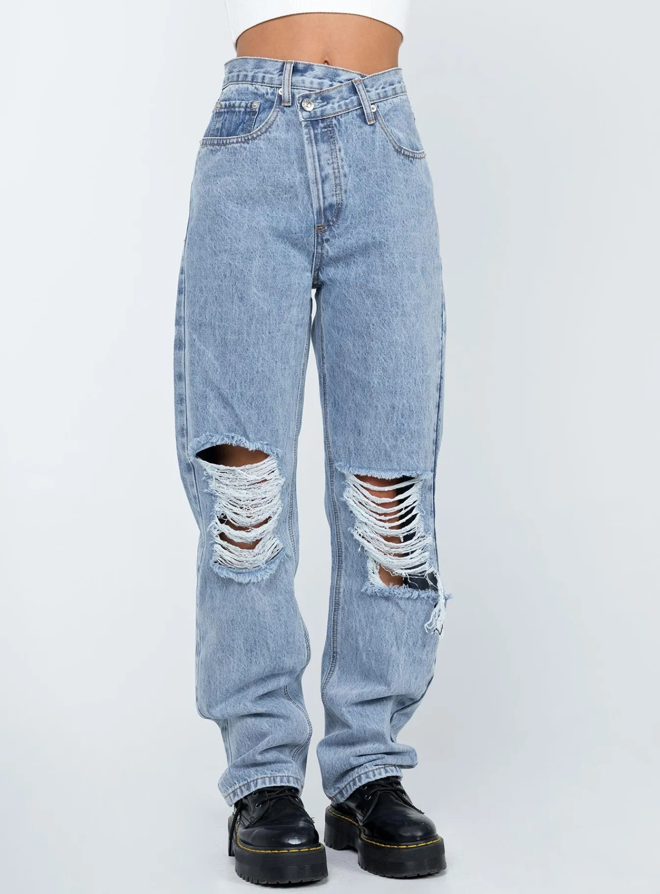 Princess Polly Holly Asymmetric Ripped Leg Jeans Light Wash Denim Best Sale