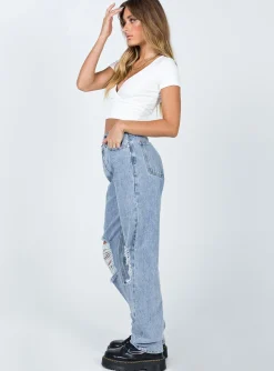 Princess Polly Holly Asymmetric Ripped Leg Jeans Light Wash Denim Best Sale