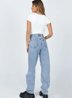 Princess Polly Holly Asymmetric Ripped Leg Jeans Light Wash Denim Best Sale