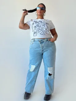 Princess Polly Holly Asymmetric Ripped Leg Jeans Curve   Denim Store