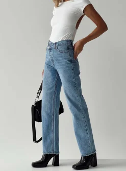 Princess Polly Holly Asymmetric Straight Leg Jean Light Washlower Impact   Denim Fashion
