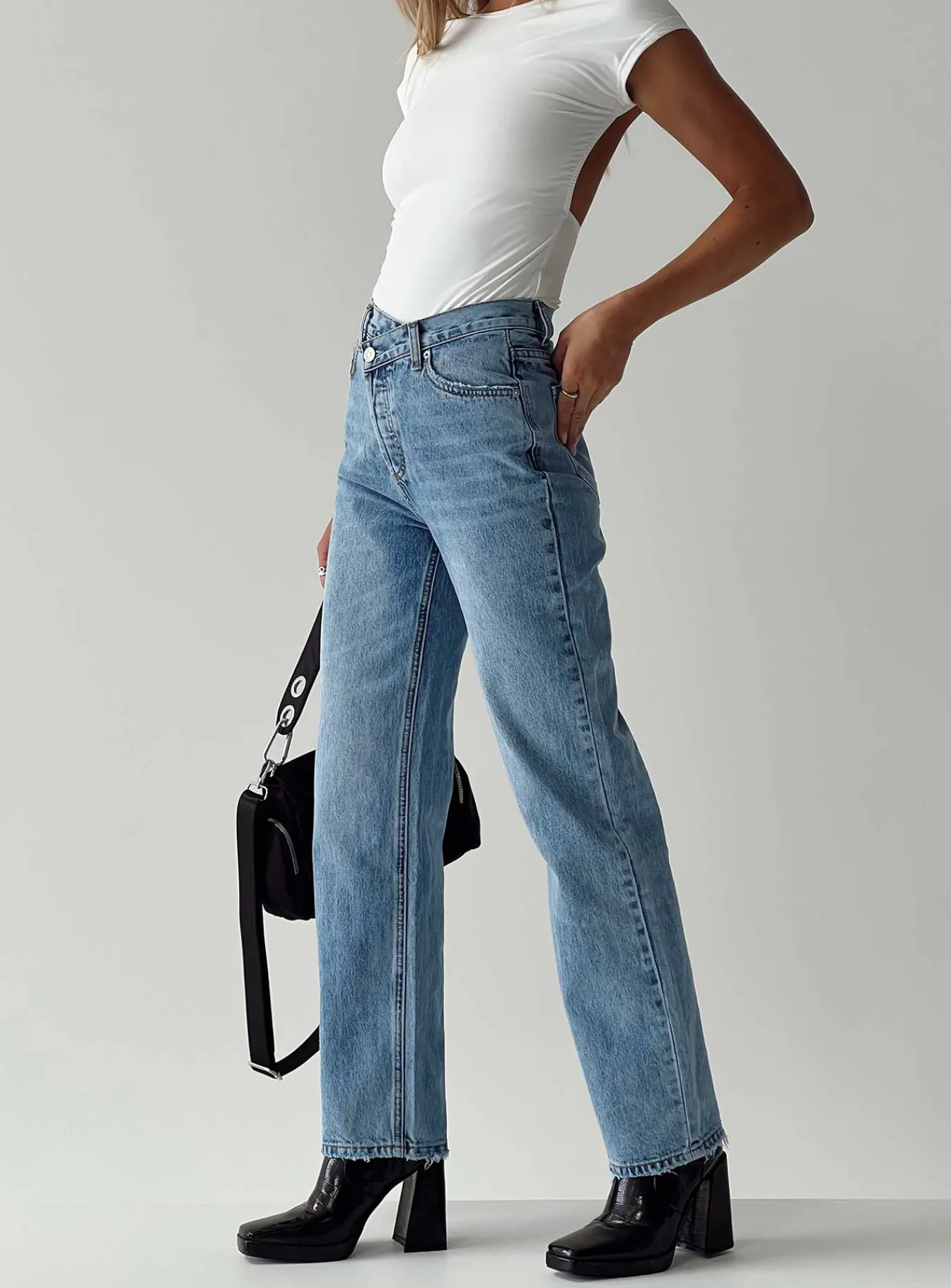 Princess Polly Holly Asymmetric Straight Leg Jean Light Washlower Impact Denim Fashion