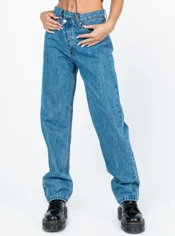 Princess Polly Holly Asymmetric Straight Leg Jean Mid Wash Denim Clearance