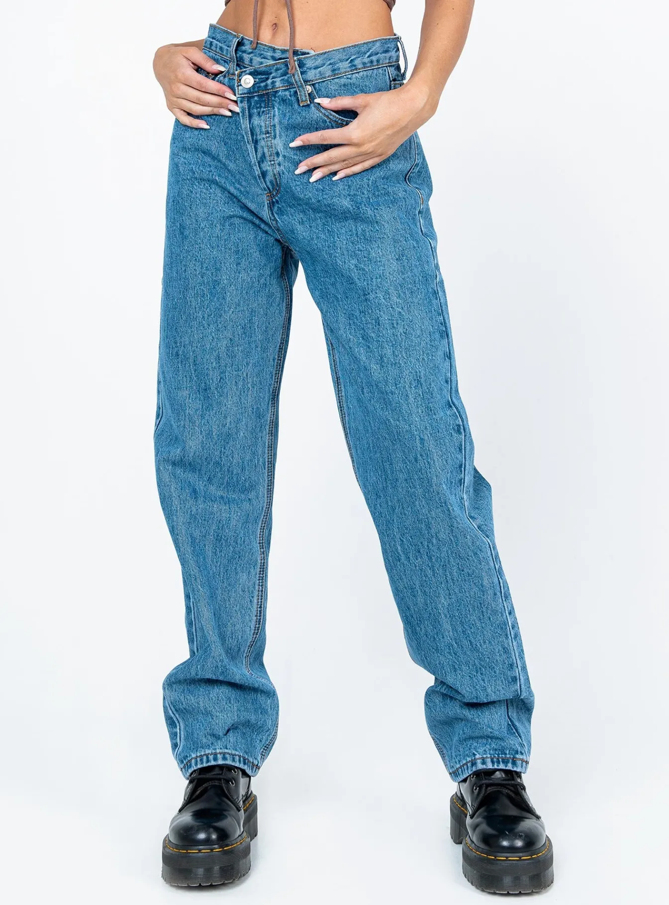 Princess Polly Holly Asymmetric Straight Leg Jean Mid Wash Denim Clearance