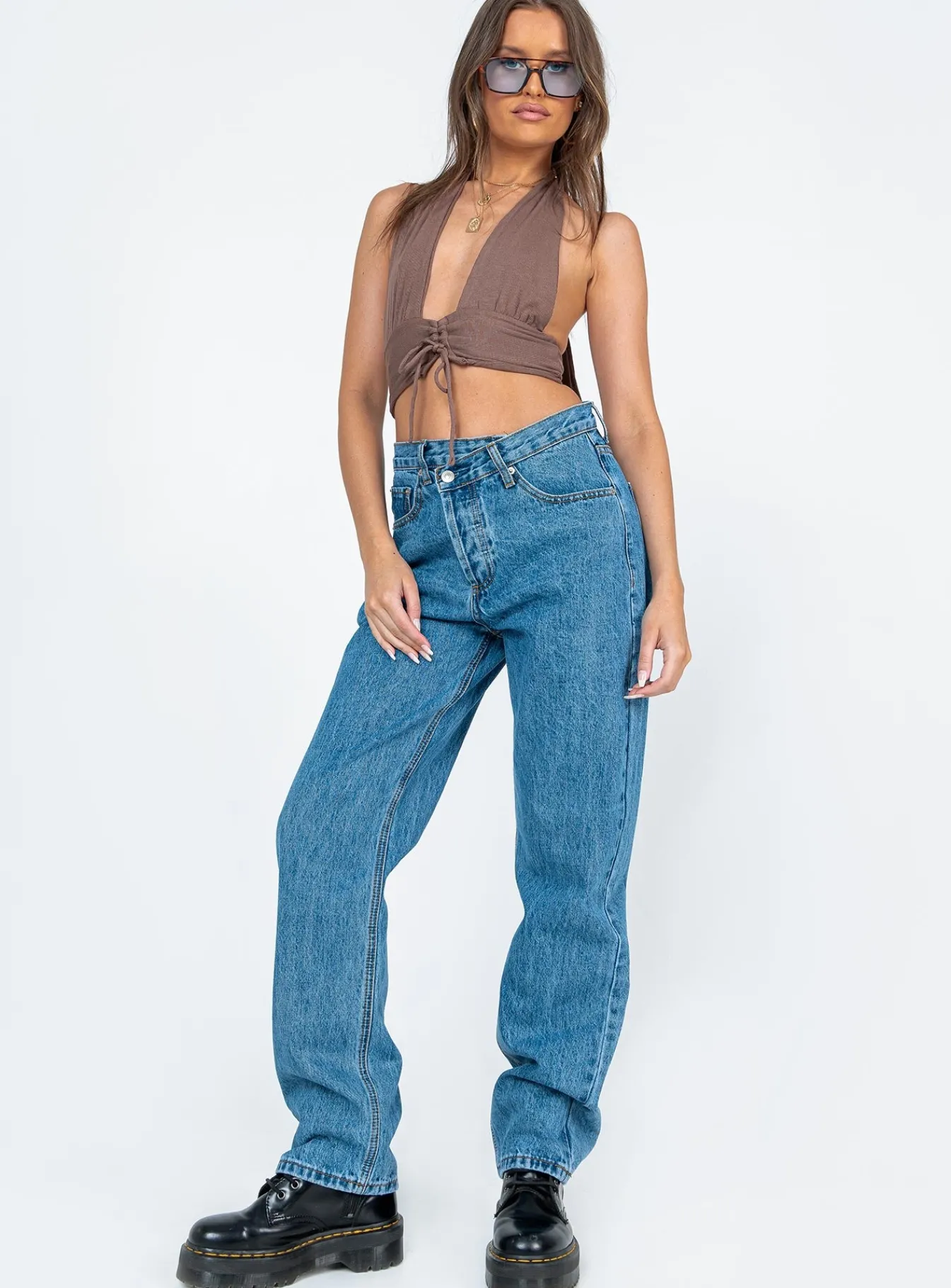 Princess Polly Holly Asymmetric Straight Leg Jean Mid Wash Denim Clearance