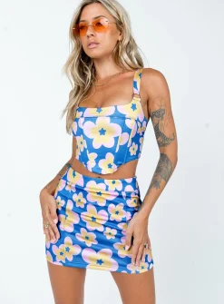 Princess Polly Ilina Mid Rise Mini Skirt Floral  Blue Cheap