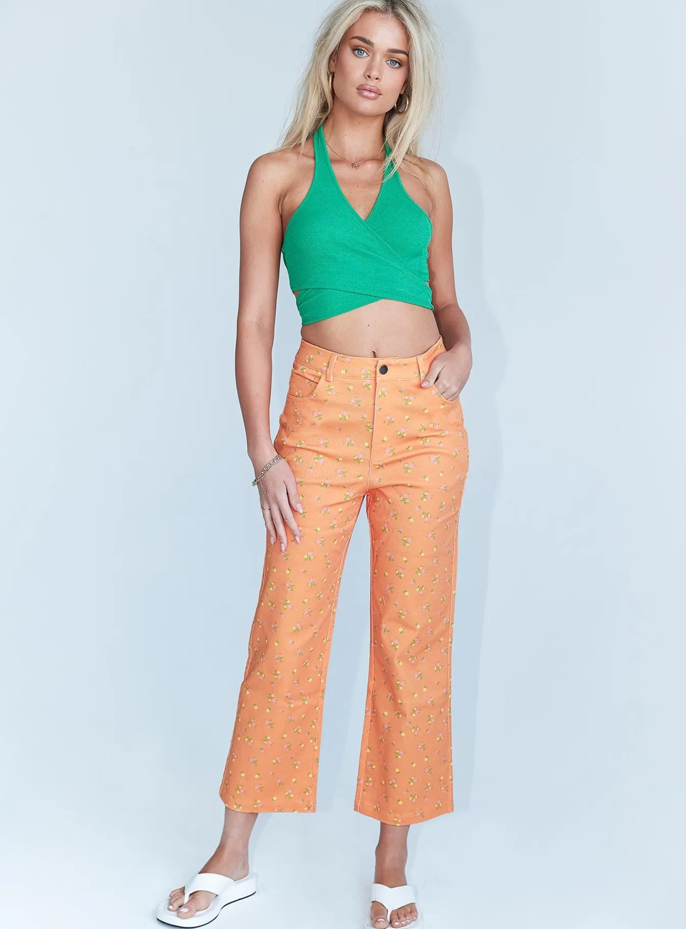 Princess Polly Ivy Floral Straight Leg Jeans Orange Sale