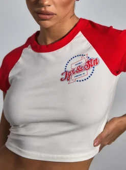 Princess Polly Jgr &Amp; Stn All Star Baby Tee Vintage  White / Red Best Sale