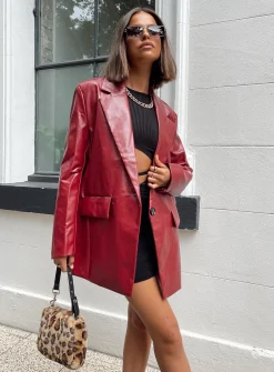 Princess Polly Jocelyn Faux Leather Blazer  Burgundy Discount