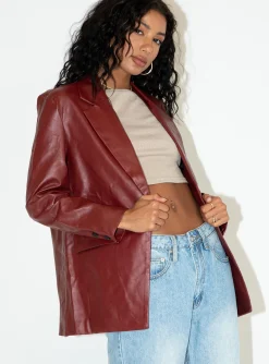 Princess Polly Jocelyn Faux Leather Blazer  Burgundy Discount