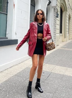 Princess Polly Jocelyn Faux Leather Blazer  Burgundy Discount