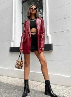 Princess Polly Jocelyn Faux Leather Blazer  Burgundy Discount