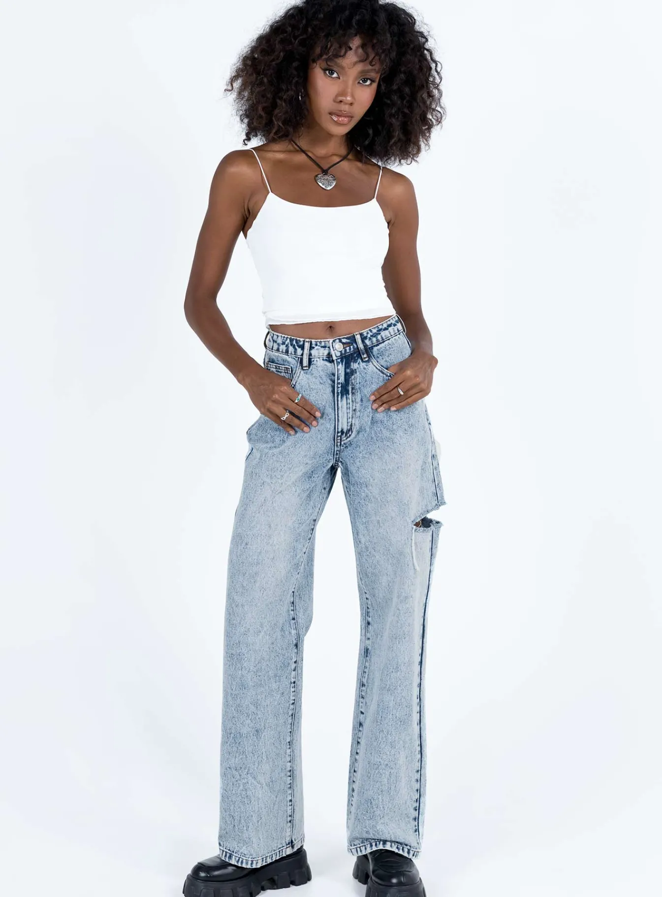 Princess Polly Johnston Wide Leg Jeans Mid Wash Blue Denim Clearance