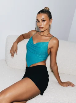 Princess Polly Julia Glitter Top  Blue Hot