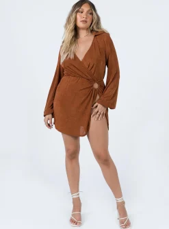 Princess Polly Karley Wrap Mini Dress  Brown New