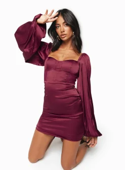Princess Polly Karuah Long Sleeve Mini Dress  Burgundy Hot