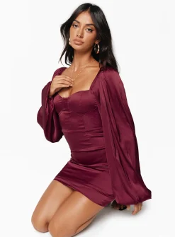 Princess Polly Karuah Long Sleeve Mini Dress  Burgundy Hot