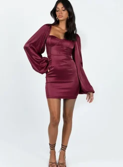 Princess Polly Karuah Long Sleeve Mini Dress Burgundy Hot