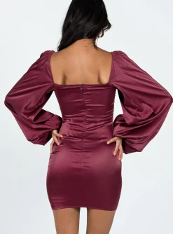 Princess Polly Karuah Long Sleeve Mini Dress Burgundy Hot