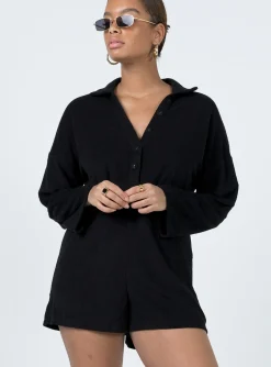 Princess Polly Kegan Long Sleeve Terry Romper  Black Shop