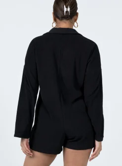 Princess Polly Kegan Long Sleeve Terry Romper  Black Shop