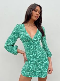 Princess Polly Kiata Long Sleeve Mini Dress/ Floral   Green Hot