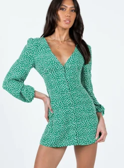 Princess Polly Kiata Long Sleeve Mini Dress/ Floral   Green Hot