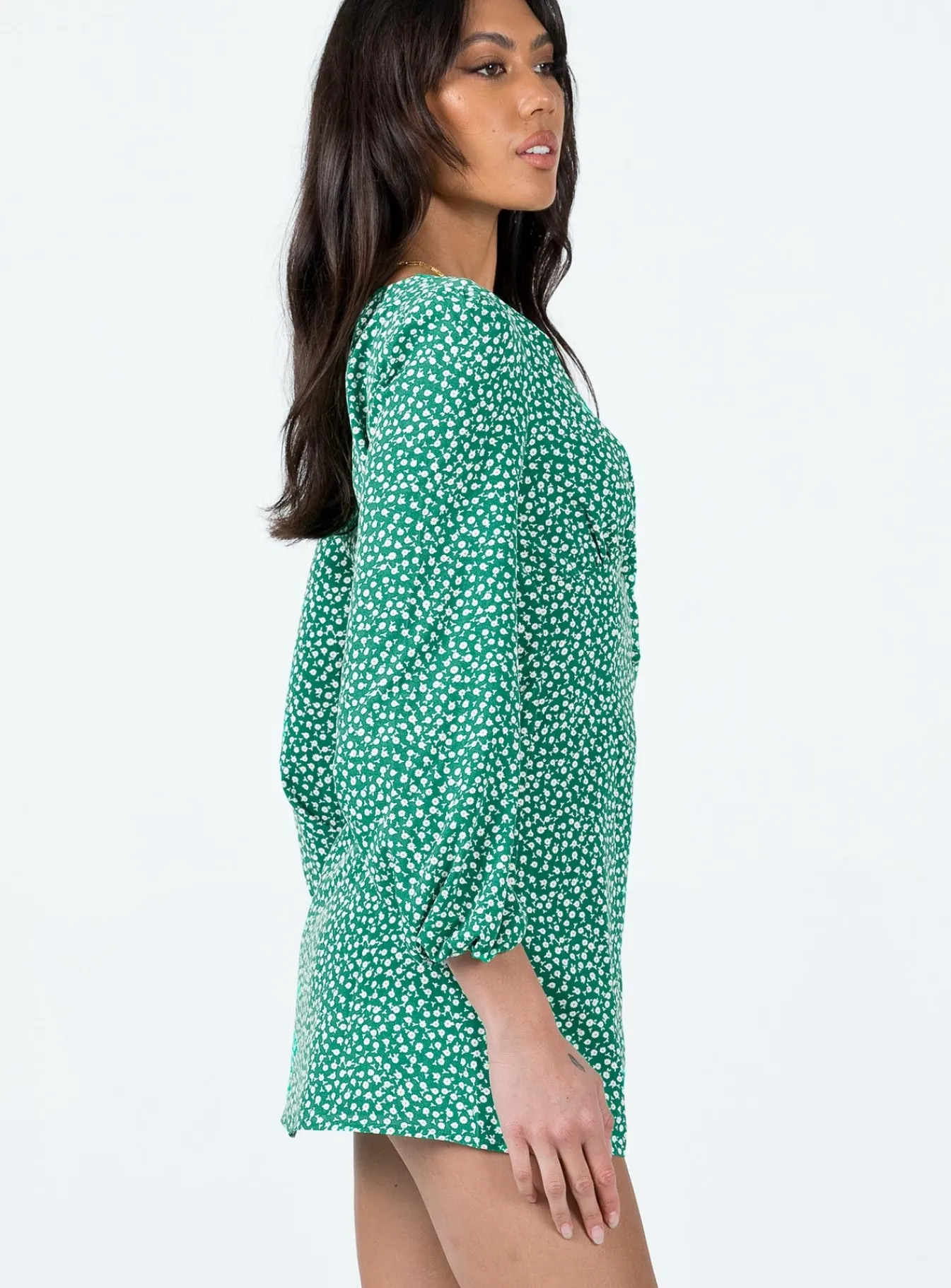Princess Polly Kiata Long Sleeve Mini Dress/ Floral Green Hot