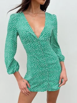 Princess Polly Kiata Long Sleeve Mini Dress/ Floral Green Hot