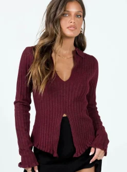 Princess Polly Lahey Long Sleeve Polo Knit Top  Maroon Outlet
