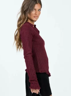 Princess Polly Lahey Long Sleeve Polo Knit Top  Maroon Outlet