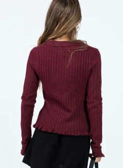 Princess Polly Lahey Long Sleeve Polo Knit Top  Maroon Outlet