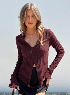 Princess Polly Lahey Long Sleeve Polo Knit Top  Maroon Outlet